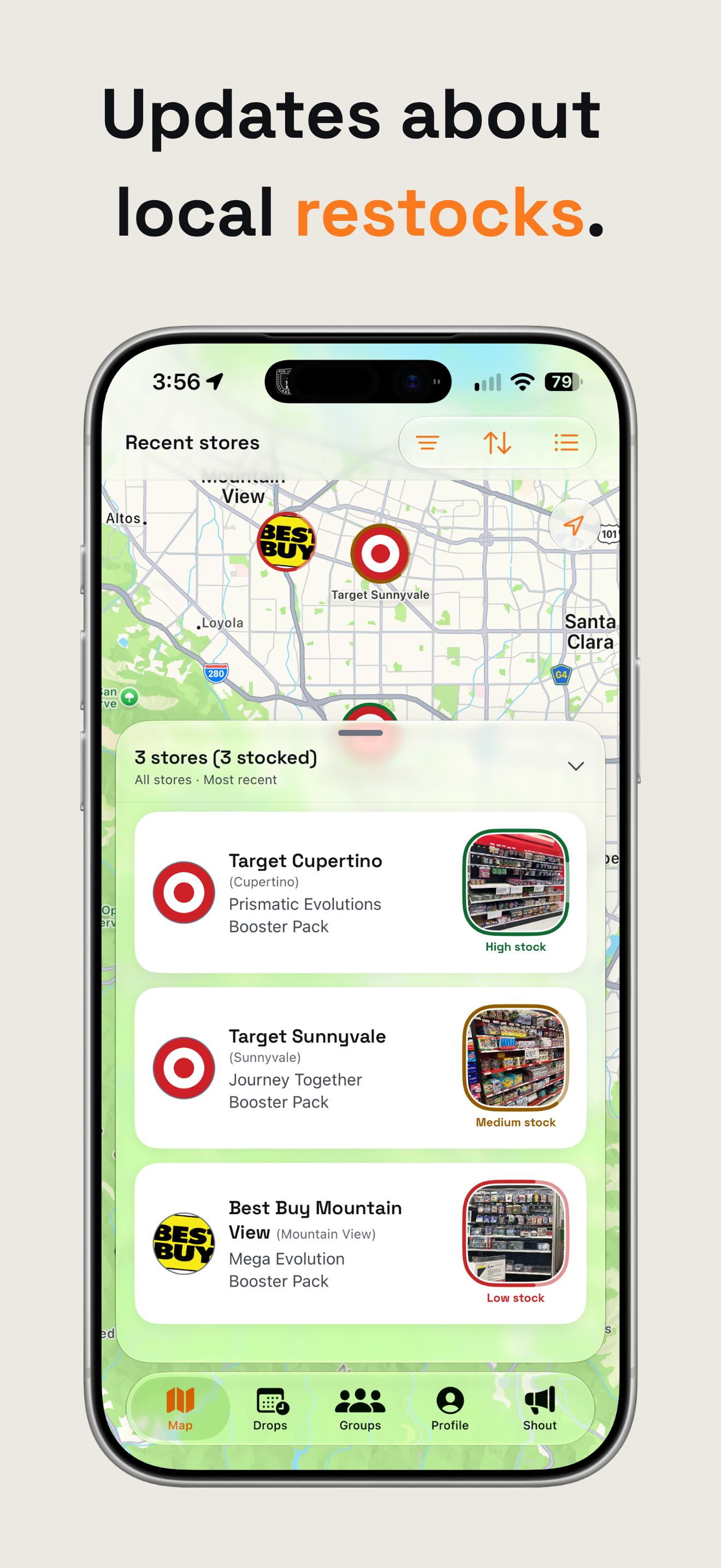 Updates about local restocks, showing a map and recent store checks.